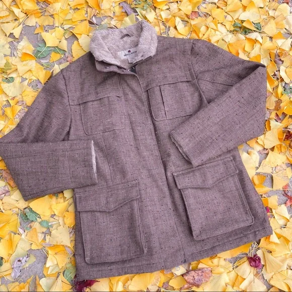 Woolrich Tweed Brown/Tan Utility Coat Barn Jacket Faux Fur lined 6 pockets sz M - Picture 13 of 15